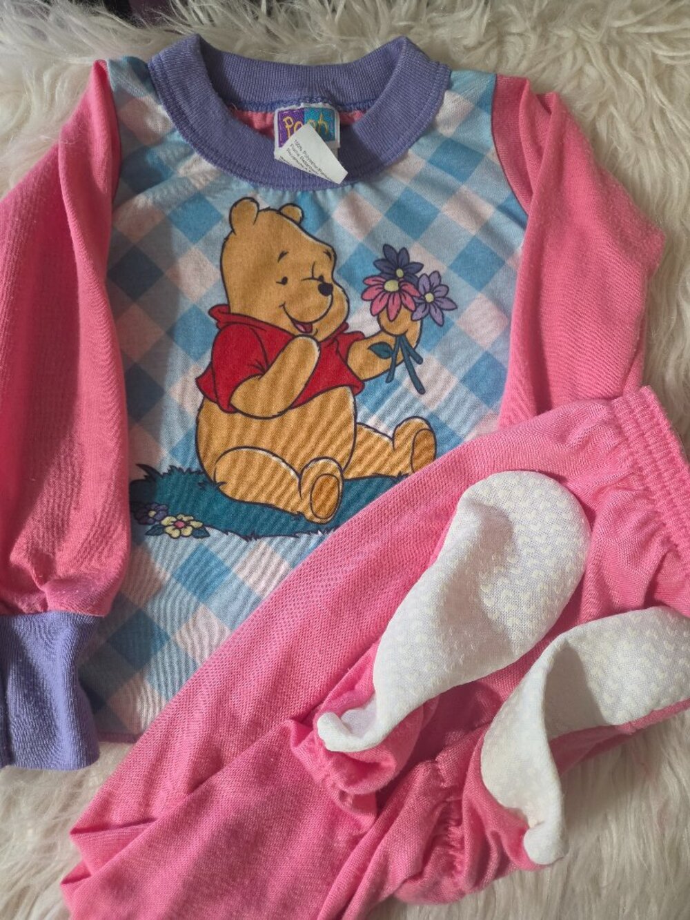 1990s Vintage 2T Pink and Blue Winnie the Pooh with Flowers Pajama Set